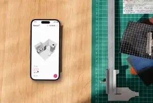 3d bathroom planner on a mobile on a desk alongside design tools