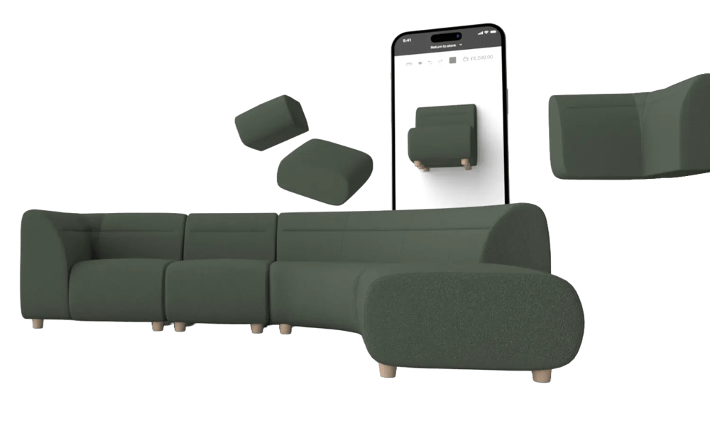 green modular sofa with sectionals flying in the air and AR preview button transparent