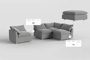 grey sectional sofa highlighting how sections piece together in 3d modular configurator