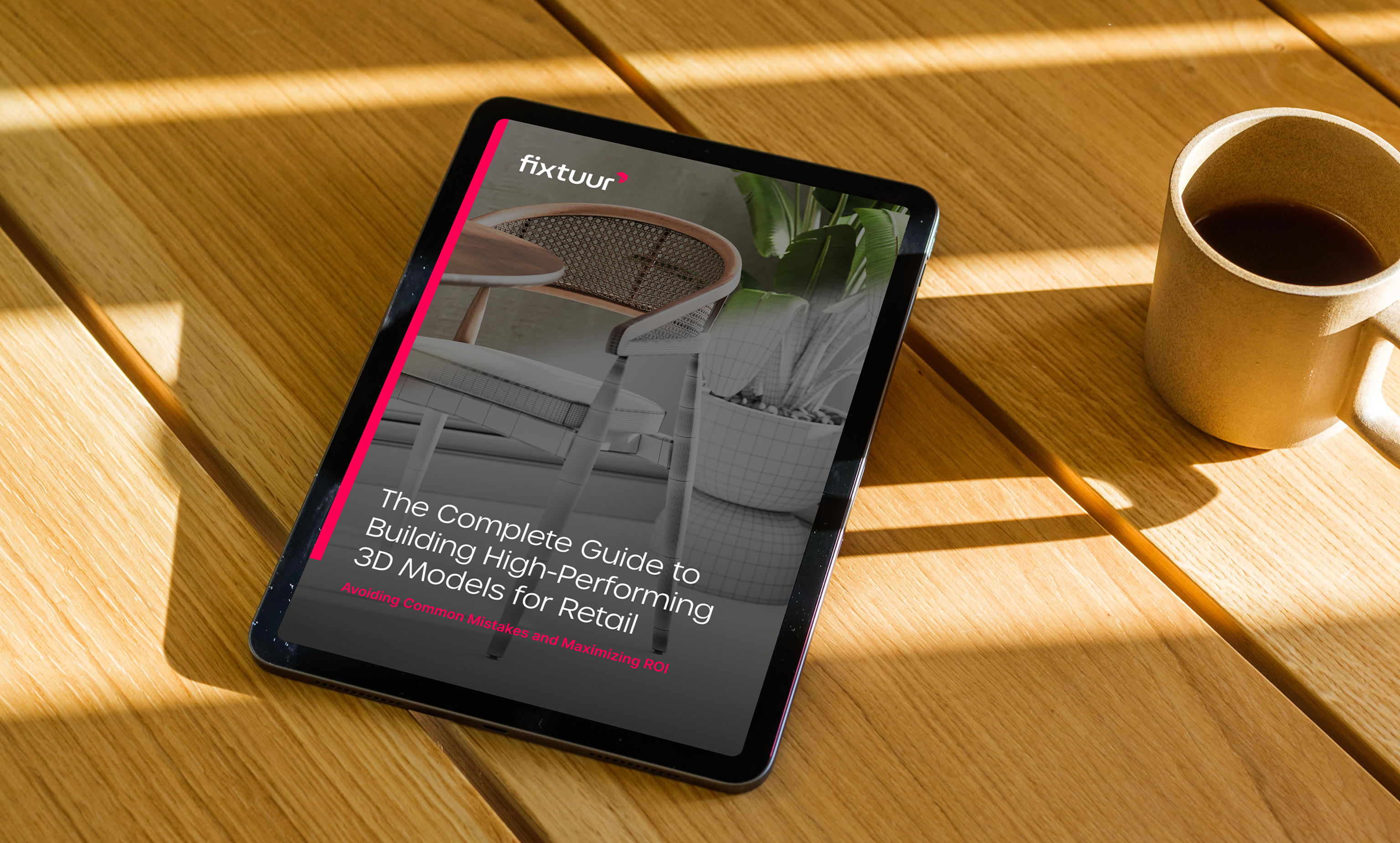 iPad Air mockup on a wooden table beside a mug of coffee (Mockuuups Studio)-1