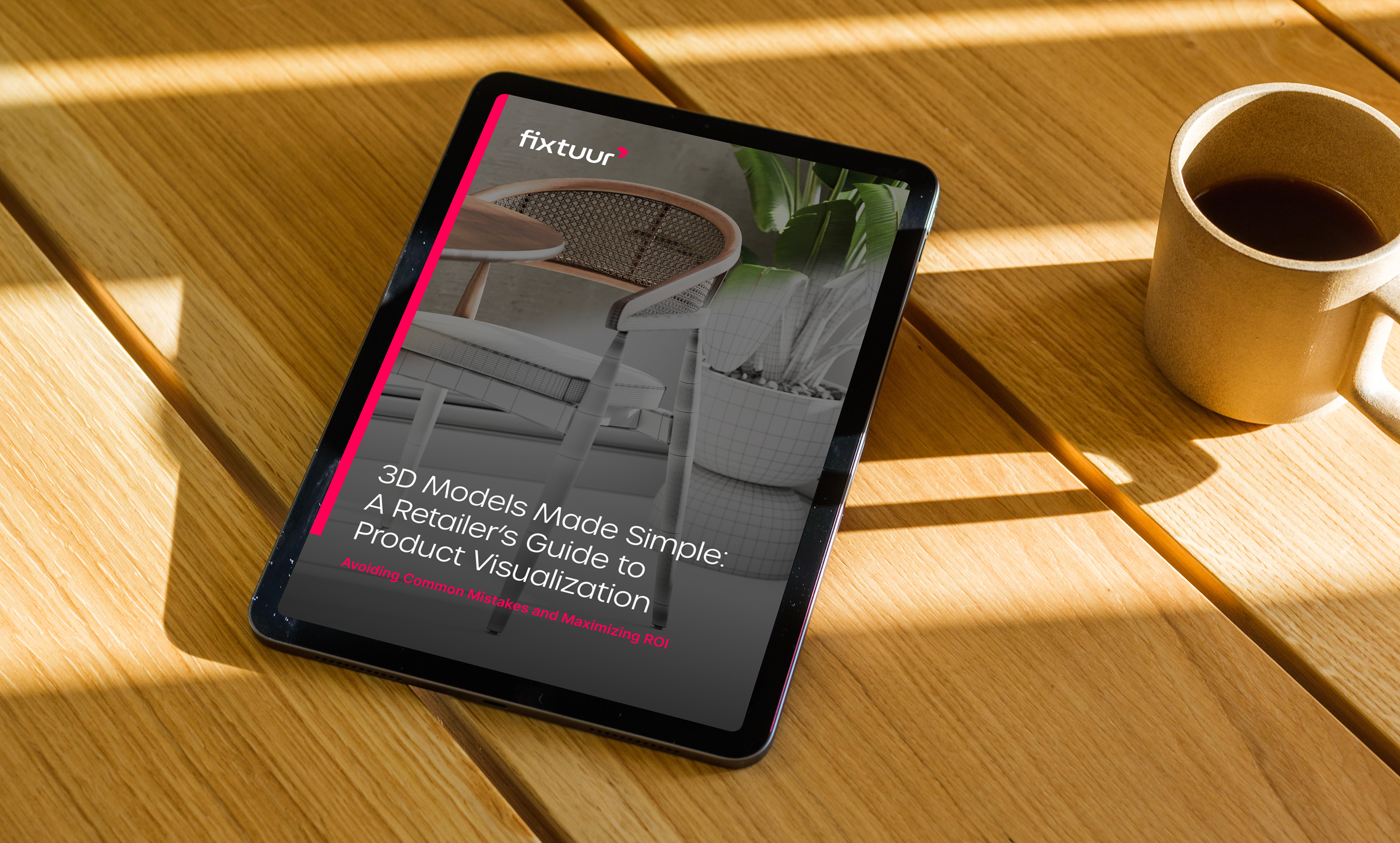 iPad Air mockup on a wooden table beside a mug of coffee (Mockuuups Studio)