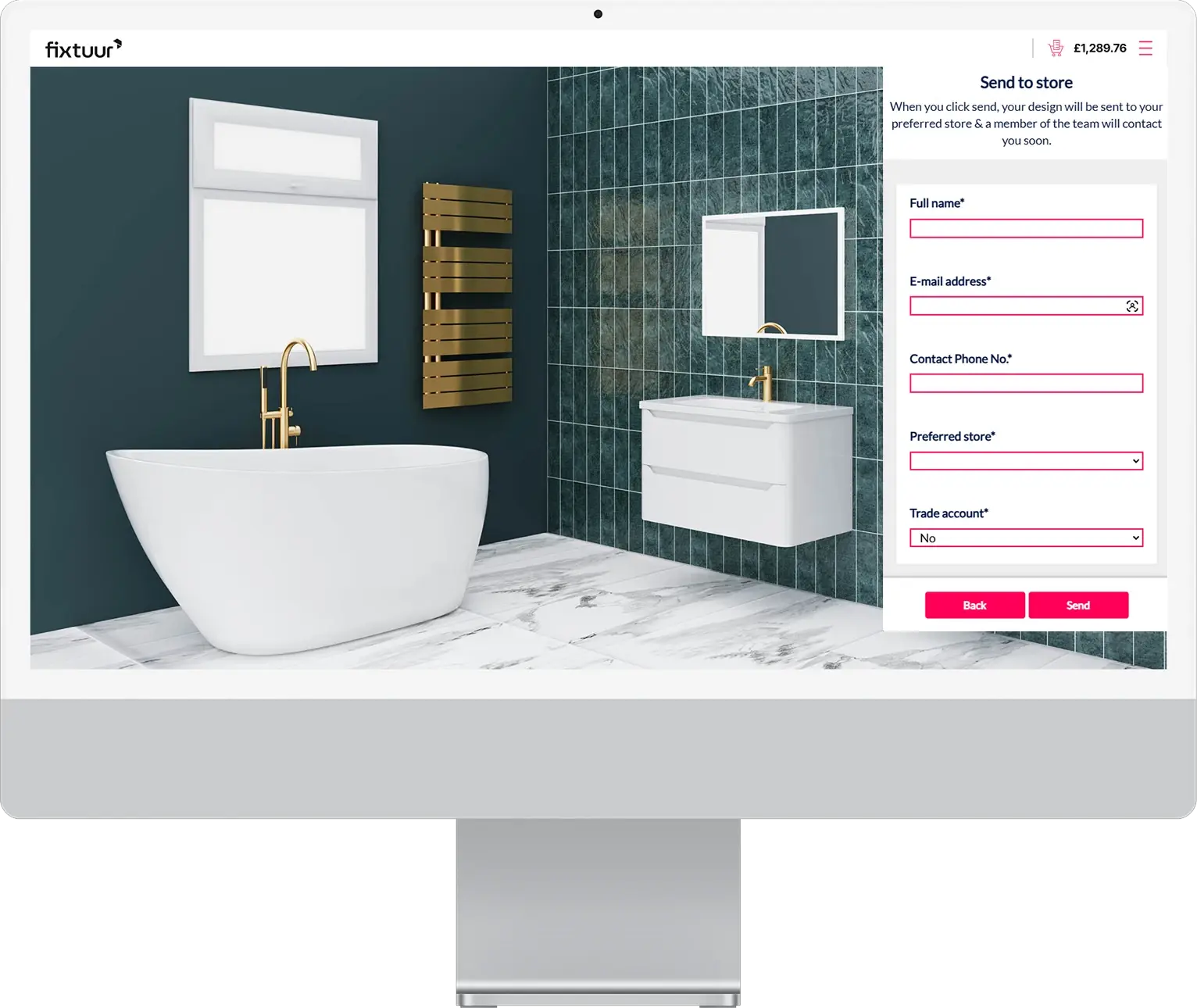 3D bathroom planner visualization with send to store functionality on-screen 3D bathroom planner visualization with send to store functionality on-screen