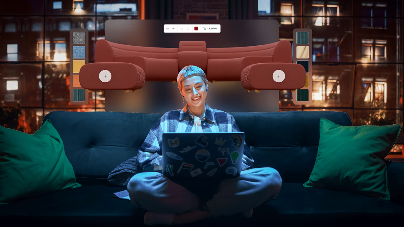 A person viewing Fixtuur 3D Modular Configurator platform on their screen in an apartment.