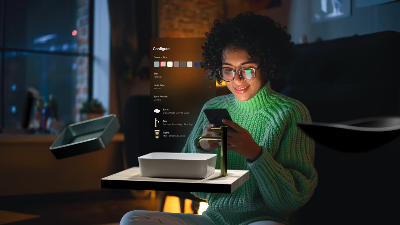 A person viewing the Fixtuur 3D Configurator mockup on their screen in an apartment.