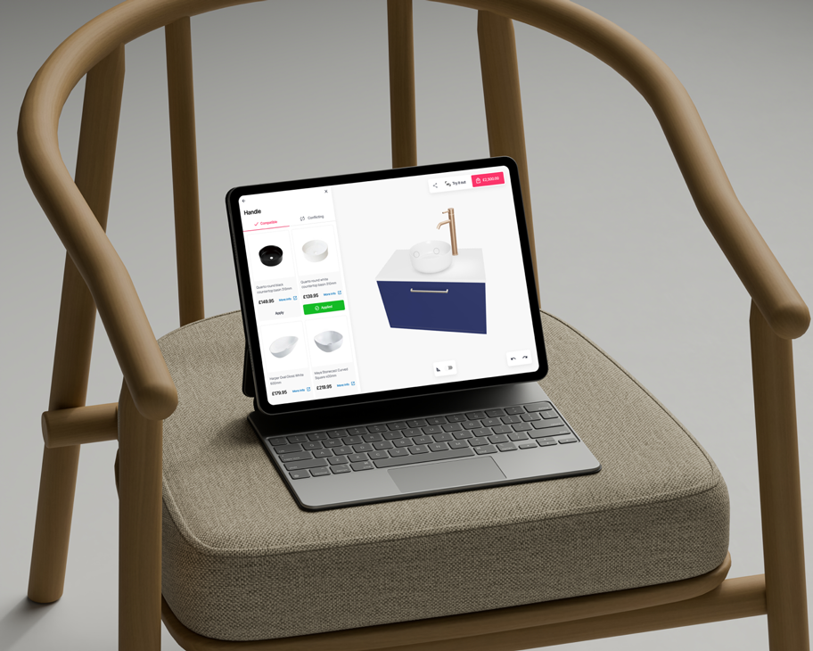 An iPad on a chair, showcasing the compatible components for a bathroom vanity unit.