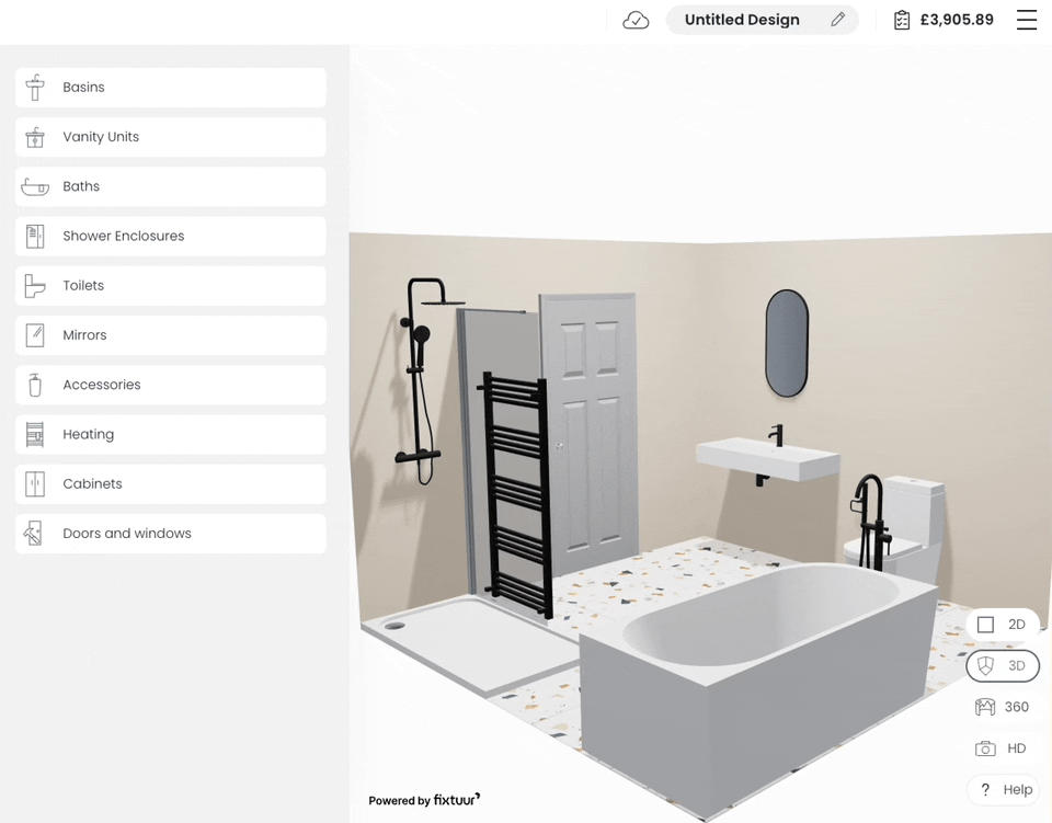 Short animated image demonstrating a bathroom being designed in 3D